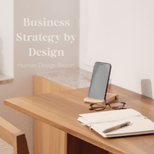 Business Strategy by Design text overlay to background image of pen and notebook with phone and spectacles